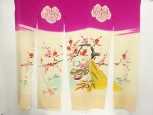 アンティーク　錦紗手描き花鳥模様のれん